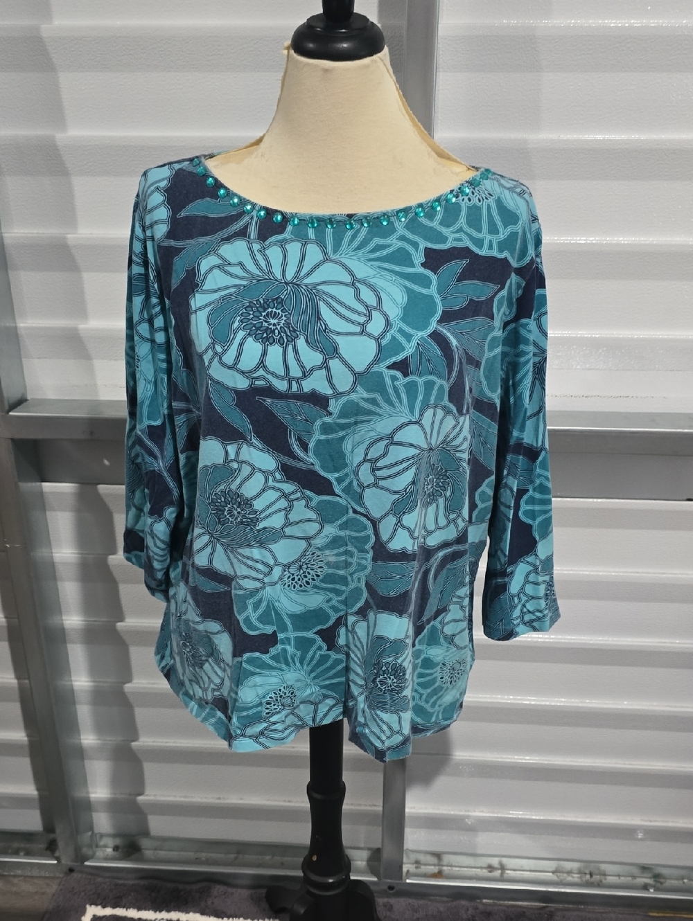 Ruby Rd. Teal Floral Boatneck 3/4-Sleeve Top Size 3X